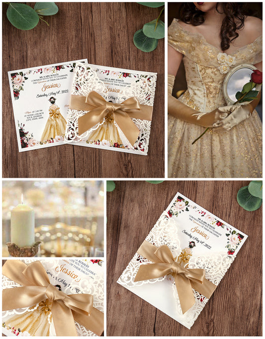 Square Invitation Cards with Gold Ribbon For Quinceanera