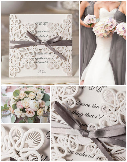 White Laser Cut with Grey Bowknot wedding invitation - DorisHome