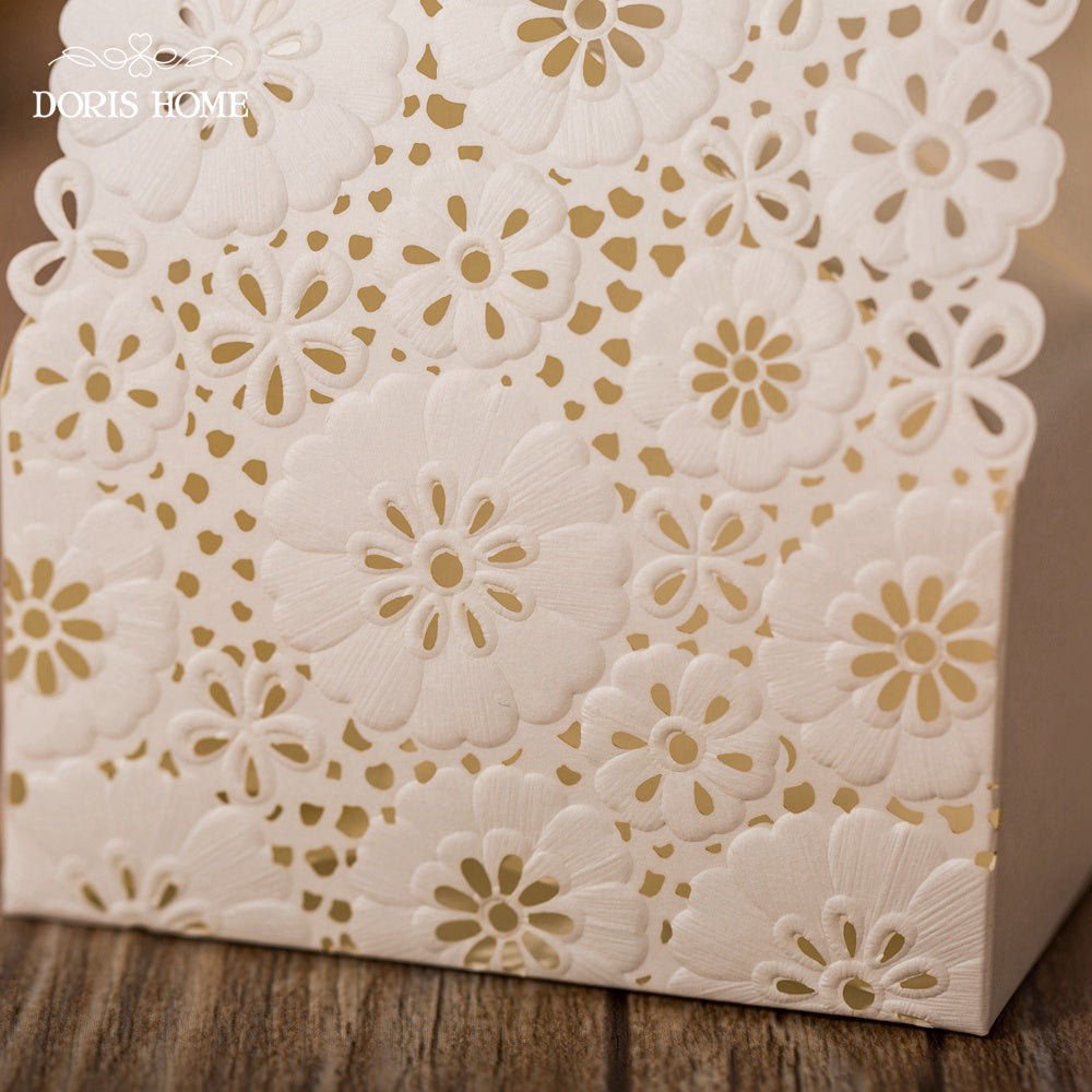 100 pcs White Flower Laser Cut Wedding Favor Boxes Candy Box, CB5191W - DorisHome