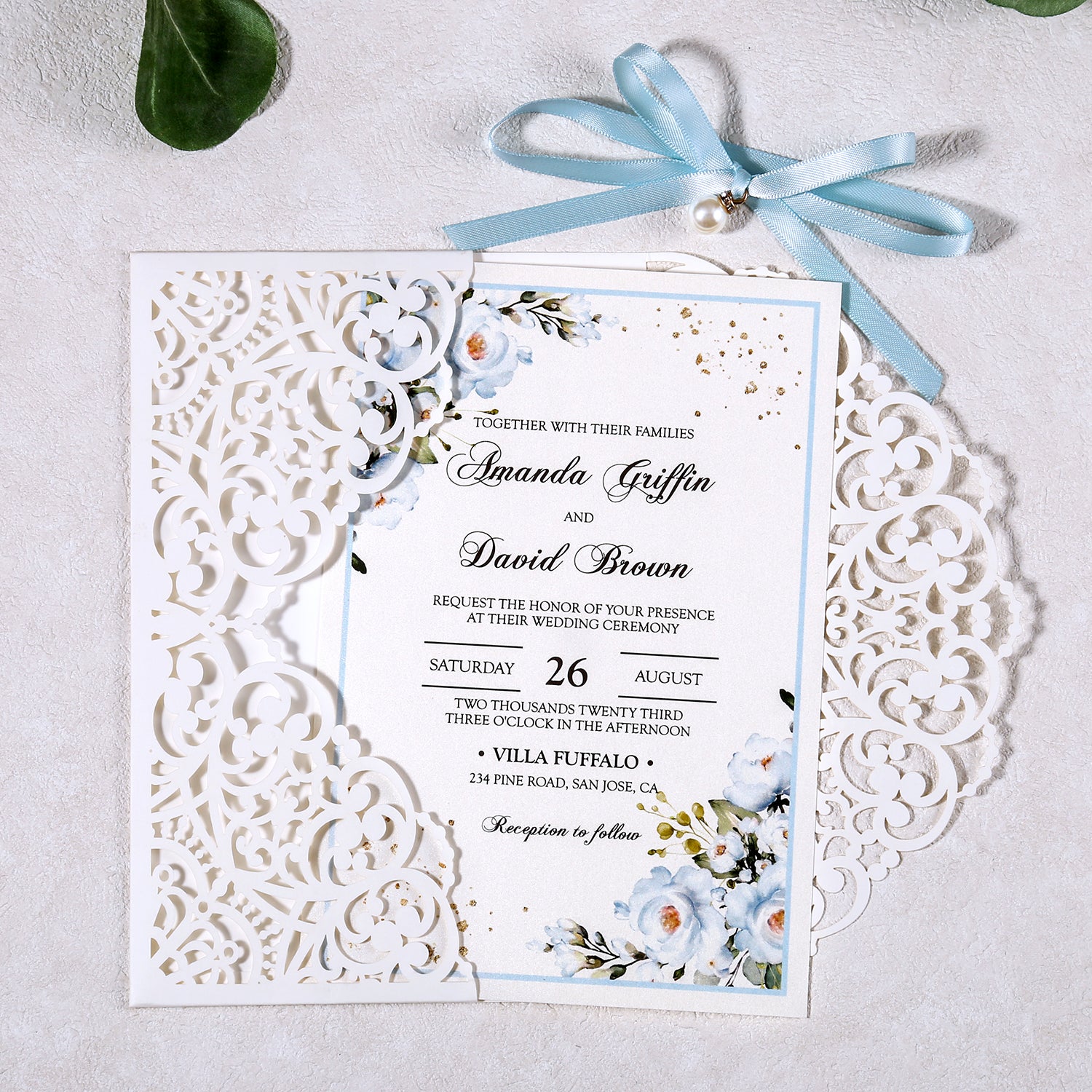 5 X 7.2" Laser Cut Hollow Rose Wedding invitations Cards With Blue Ribbon And Envelopes For Wedding - DorisHome