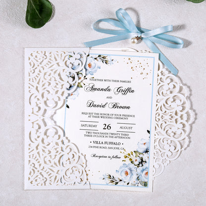 5 X 7.2" Laser Cut Hollow Rose Wedding invitations Cards With Blue Ribbon And Envelopes For Wedding - DorisHome