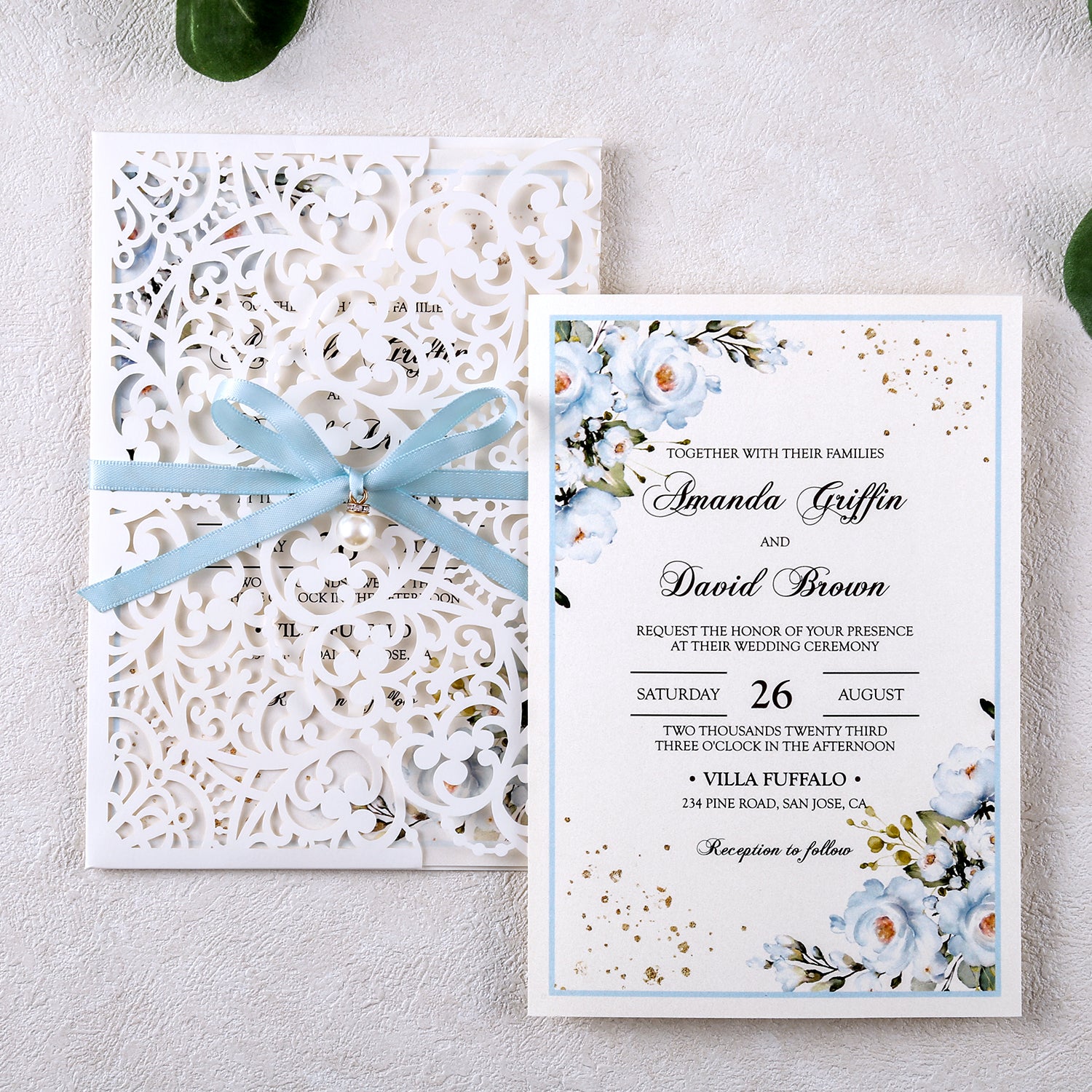 5 X 7.2" Laser Cut Hollow Rose Wedding invitations Cards With Blue Ribbon And Envelopes For Wedding - DorisHome