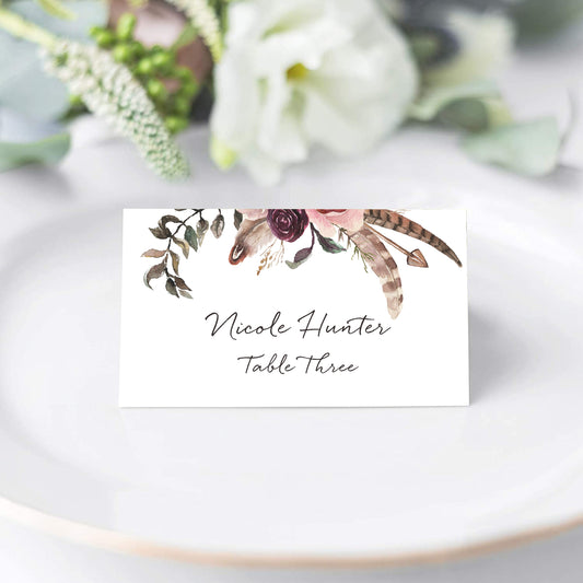 Floral Place Cards for Wedding or Party, Seating Place Cards for Tables, Scored for Easy Folding, Flower Design, 2 x 3.5 Inches