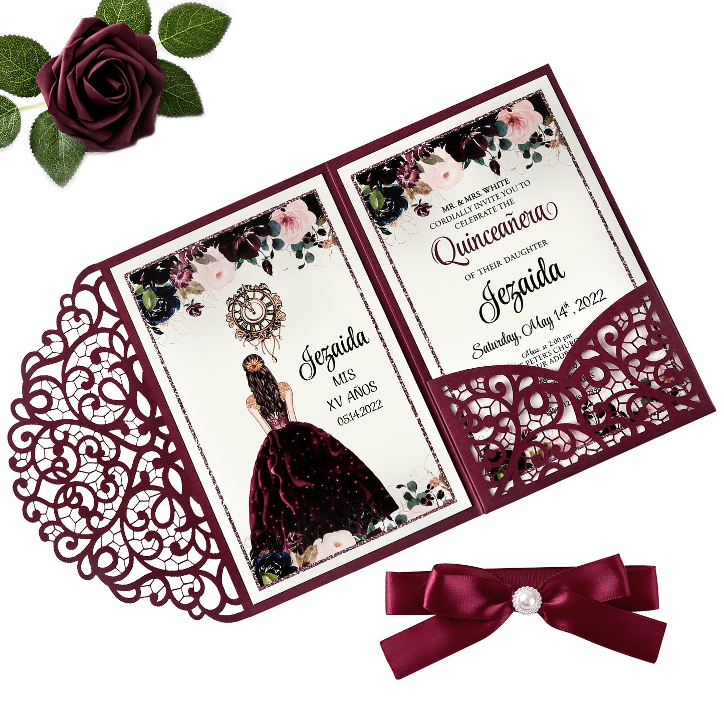 4.7 x7 inch Burgundy Laser Cut Hollow Rose Quinceanera Invitations Cards with Envelopes for Quinceanera Party