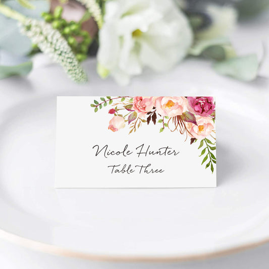 Floral Place Cards for Wedding or Party, Seating Place Cards for Tables, Scored for Easy Folding, Blush Flower Design, 2 x 3.5 Inches