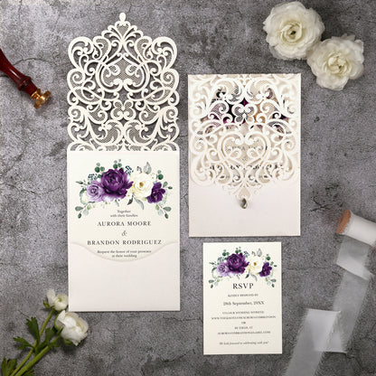 Vertical Purple Floral Laser cut invitations for Wedding Anniversary