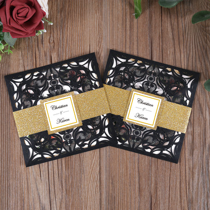 Square Black Laser Cut Lace Flower Invitations Cards - DorisHome