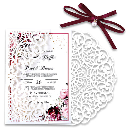 5 X 7.2" Laser Cut Hollow Rose Wedding invitations Cards With Burgundy Ribbon And Envelopes For Wedding Bridal Shower Engagement - DorisHome
