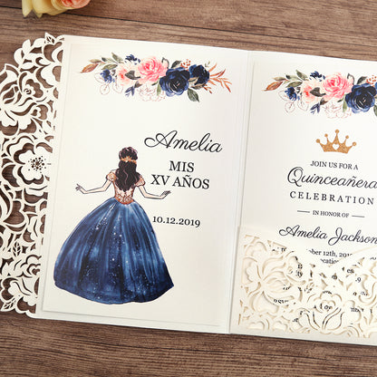 White Floral Laser cut invitation cards for Quinceanera - DorisHome