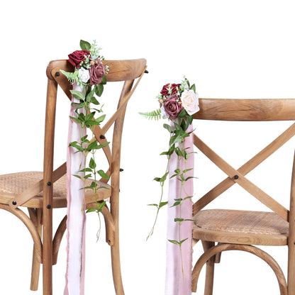 Wedding Aisle Decorations Mauve Burgundy Pew Flowers Set of 10 for Wedding Ceremony Party Chair Decor with Artificial Flowers Eucalyptus and Ribbons