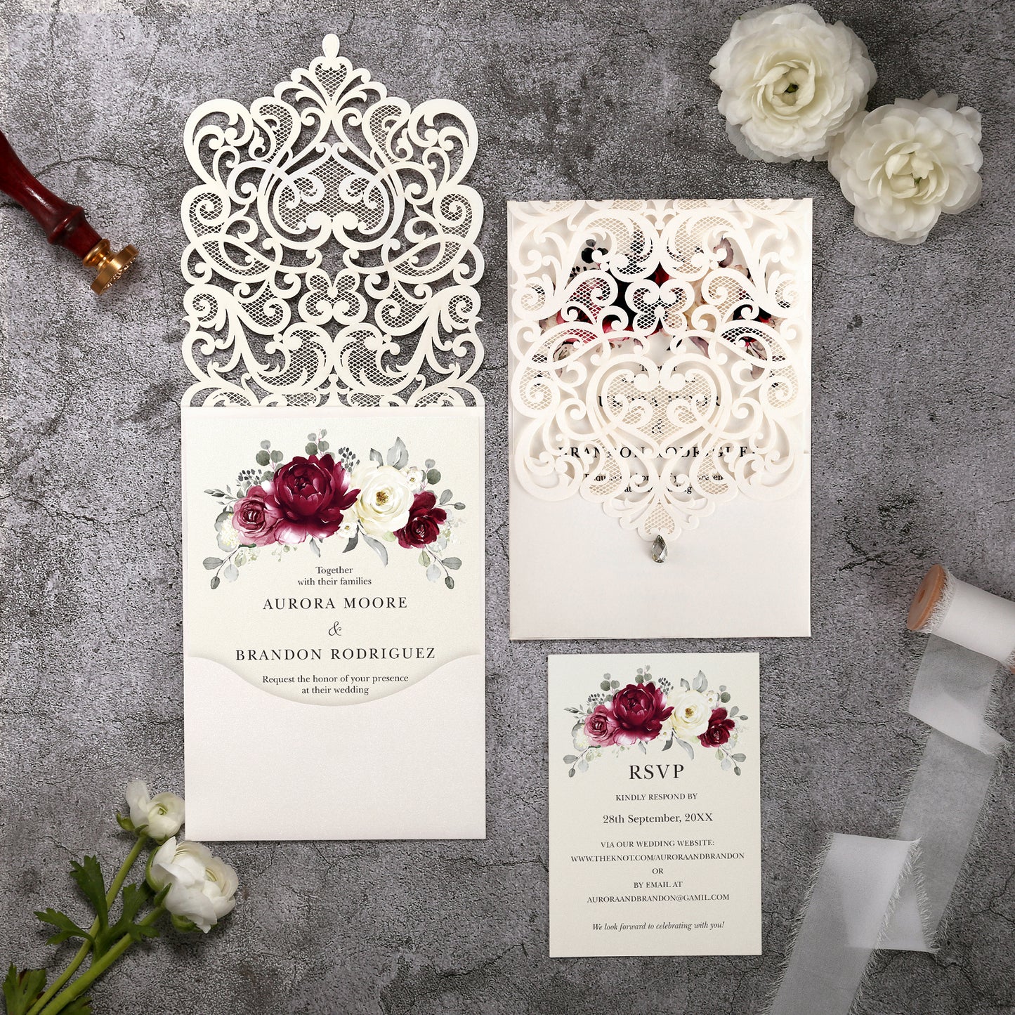 Vertical Burgundy Floral Laser cut invitations for Wedding Anniversary