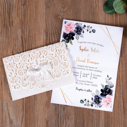 Ivory White Laser Cut Flower with Bowknot Wedding Invitations,Invitations - DorisHome