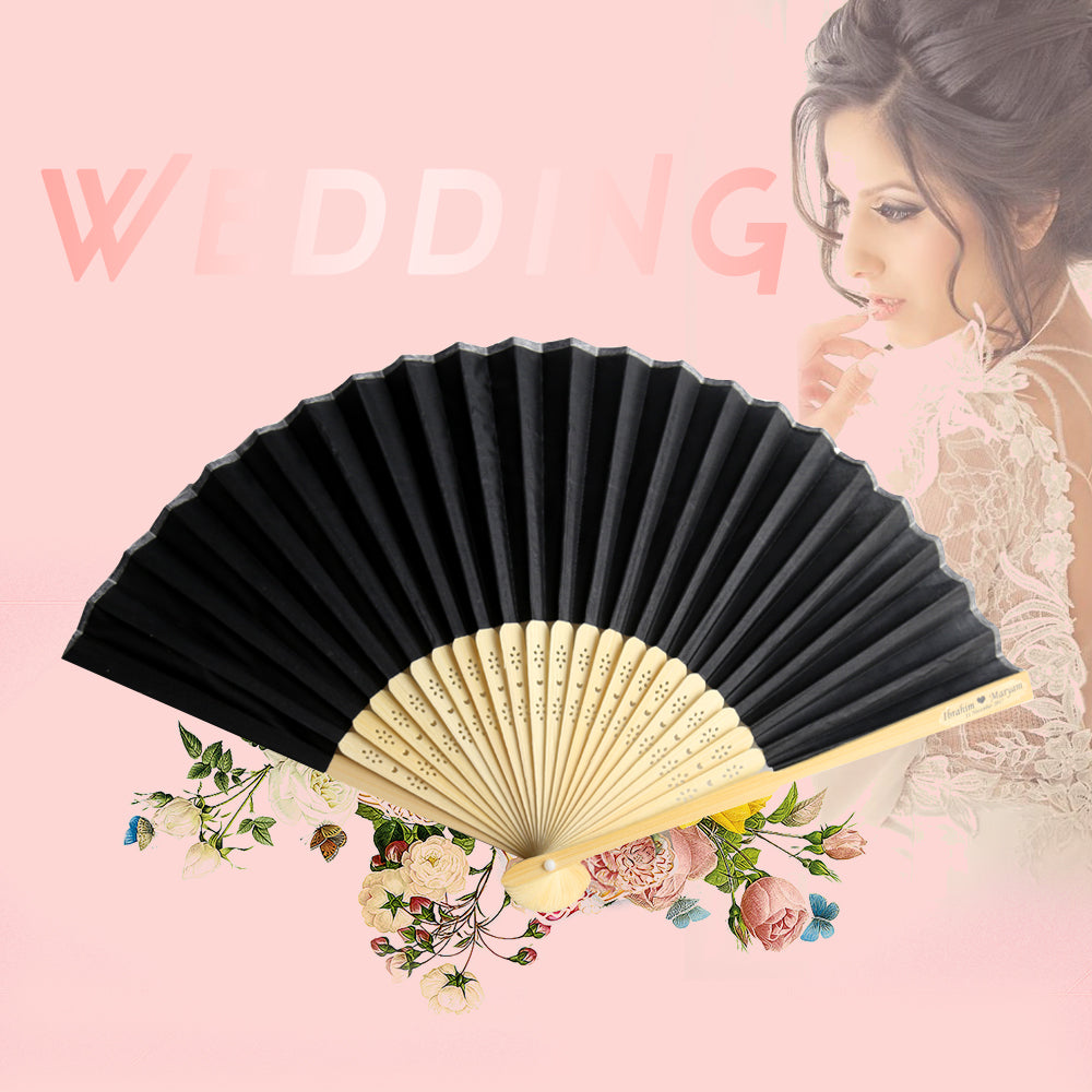 50pcs Satin Silk Folding Hand Held Bamboo Fans with Names for Summer Wedding Favor, Black - DorisHome