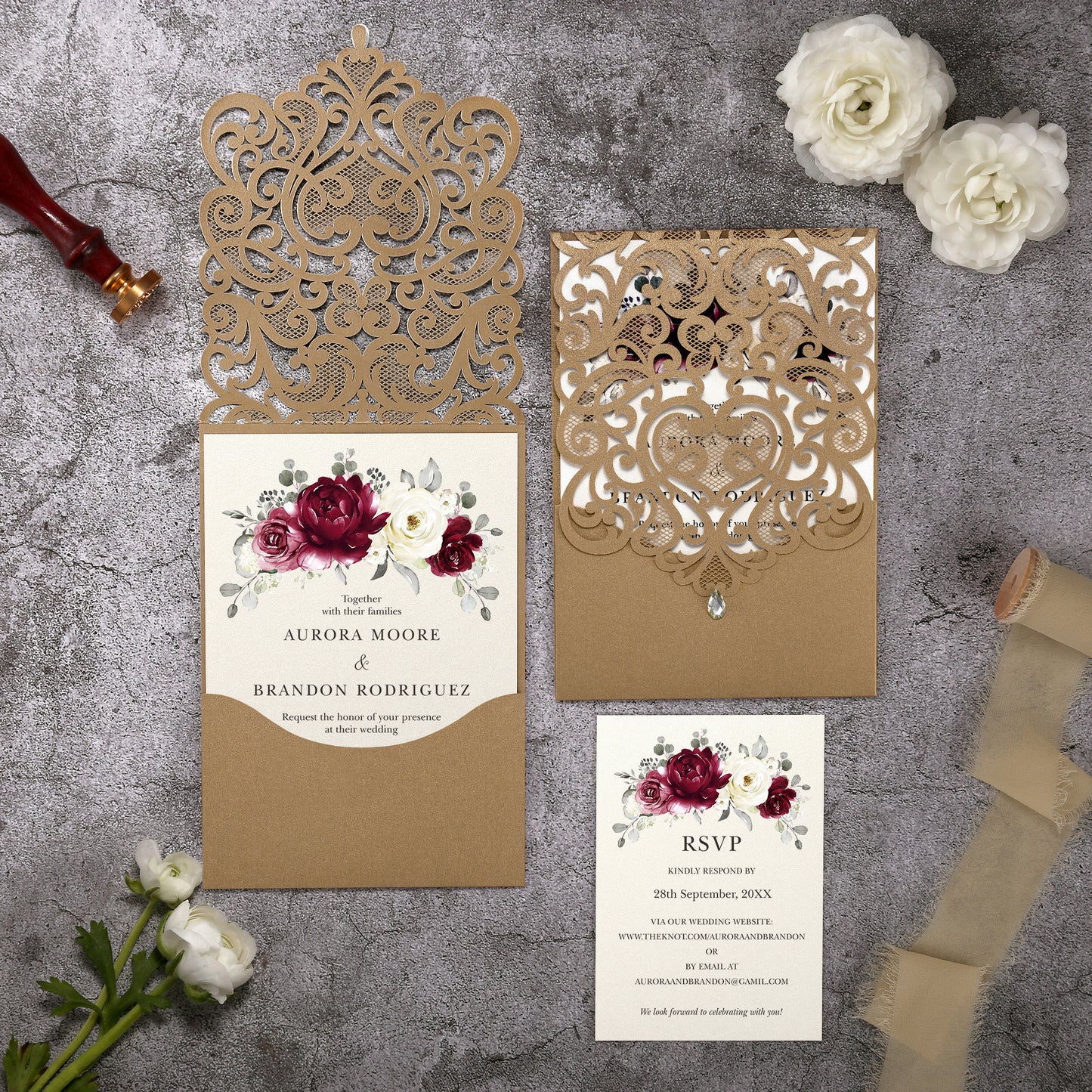 Vertical Burgundy Floral Laser cut invitations for Wedding Anniversary
