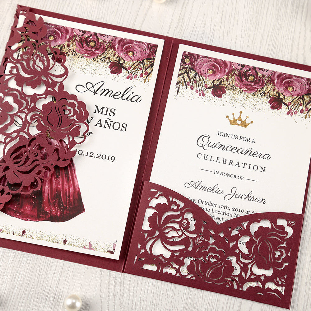 Burgundy Floral Laser cut invitation cards for Quinceanera - DorisHome