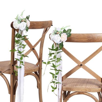 Wedding Aisle Decorations White Pew Flowers Set of 10 for Wedding Ceremony Party Chair Decor with Artificial Flowers Eucalyptus and Ribbons