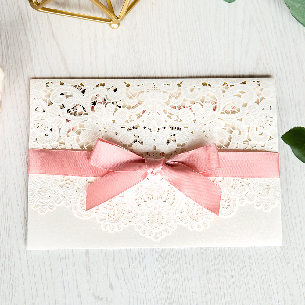 White Hollow Flora Laser Cut Invitations with Gold Glitter Border and Pink Ribbons for wedding,bridal shower - DorisHome