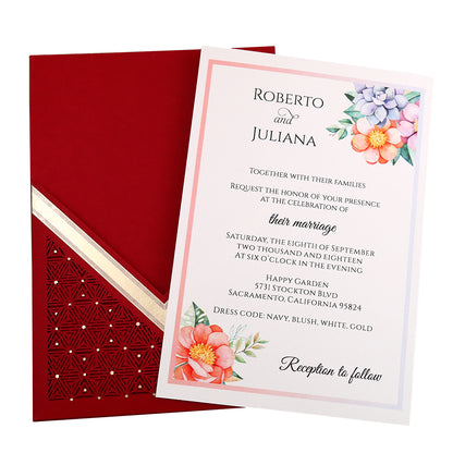 Red Floral Laser cut invitation cards for Wedding, Anniversary - DorisHome