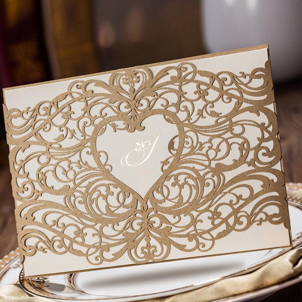 Gold Lace Cut Wedding Invitation Cards,Invitations - DorisHome