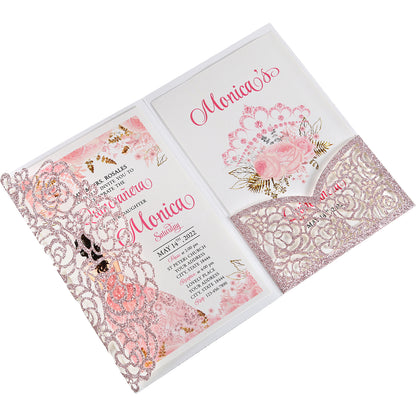 4.7 x7 inch Rose Gold Glitter Laser Cut Hollow Rose Wedding Invitations Cards with Glitter Pockets and Envelopes for Quincenera Birthday Party - DorisHome