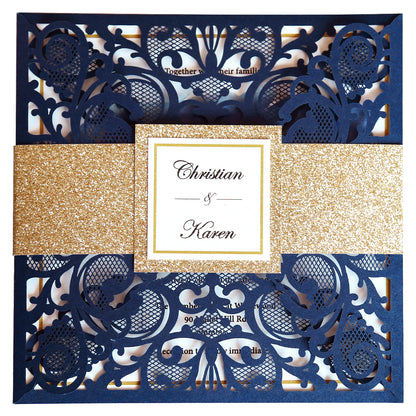 Square Blue Wedding Invitations with Glitter Belly Band for Wedding - DorisHome