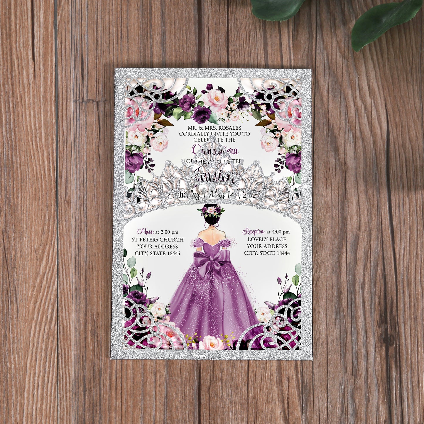 Silver Glitter Invitations Purple Greeting Cards For Quinceanera