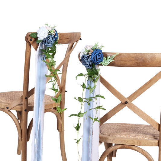 Wedding Aisle Decorations Blue Pew Flowers Set of 10 for Wedding Ceremony Party Chair Decor with Artificial Flowers Eucalyptus and Ribbons
