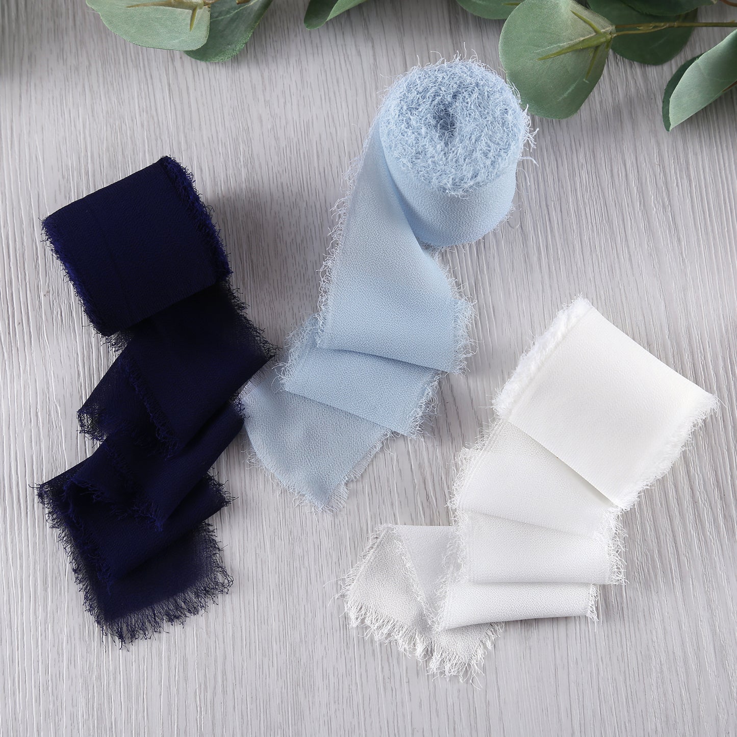 Handmade Fringe Chiffon Silk-Like Ribbon 2" x 7Yd Set of 3 Rolls Ribbons for Wedding Invitations, Bouquets, Gift Wrapping (3 Rolls Dark Navy Blue/Baby Blue/Ivory)