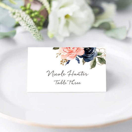 Floral Place Cards for Wedding or Party, Seating Place Cards for Tables, Scored for Easy Folding, Navy Flower Design, 2 x 3.5 Inches