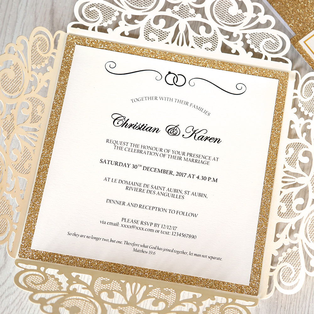 Square Ivory Wedding Invitations with Gold Glitter Border with Gold Band for Wedding, Bridal Shower, Dinner, Party - DorisHome