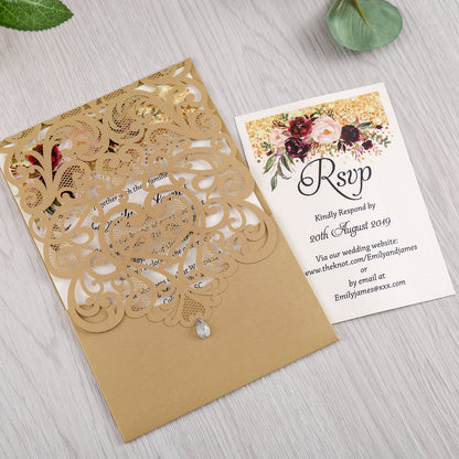 Gold Wedding Invitation With Rhinestone & Laser Cut Flower - DorisHome