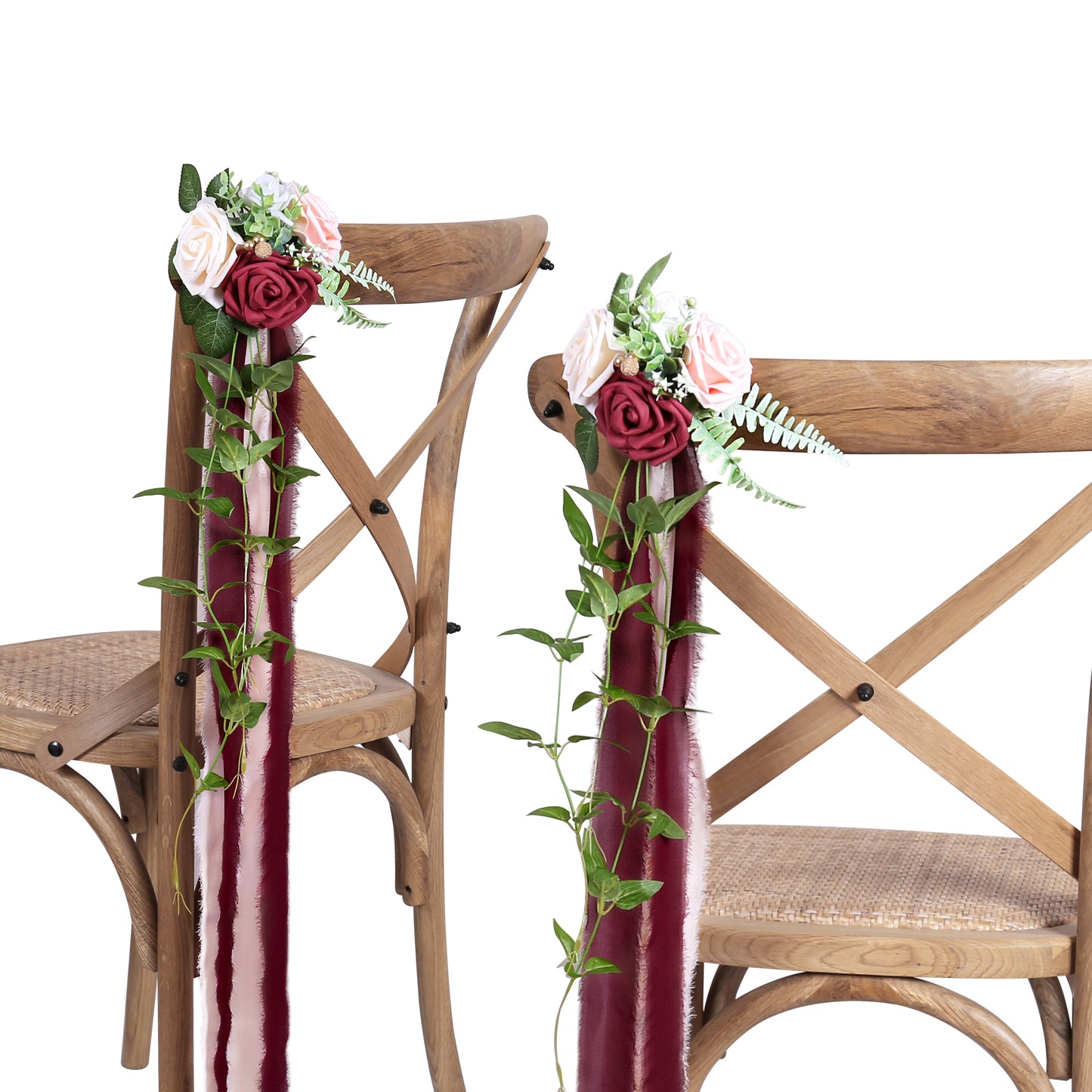 Wedding Aisle Decorations Burgundy Pew Flowers Set of 10 for Wedding Ceremony Party Chair Decor with Artificial Flowers Eucalyptus and Ribbons