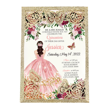 Light Gold Glitter with Hollow Butterflies Invitations Greeting Cards For Quinceanera