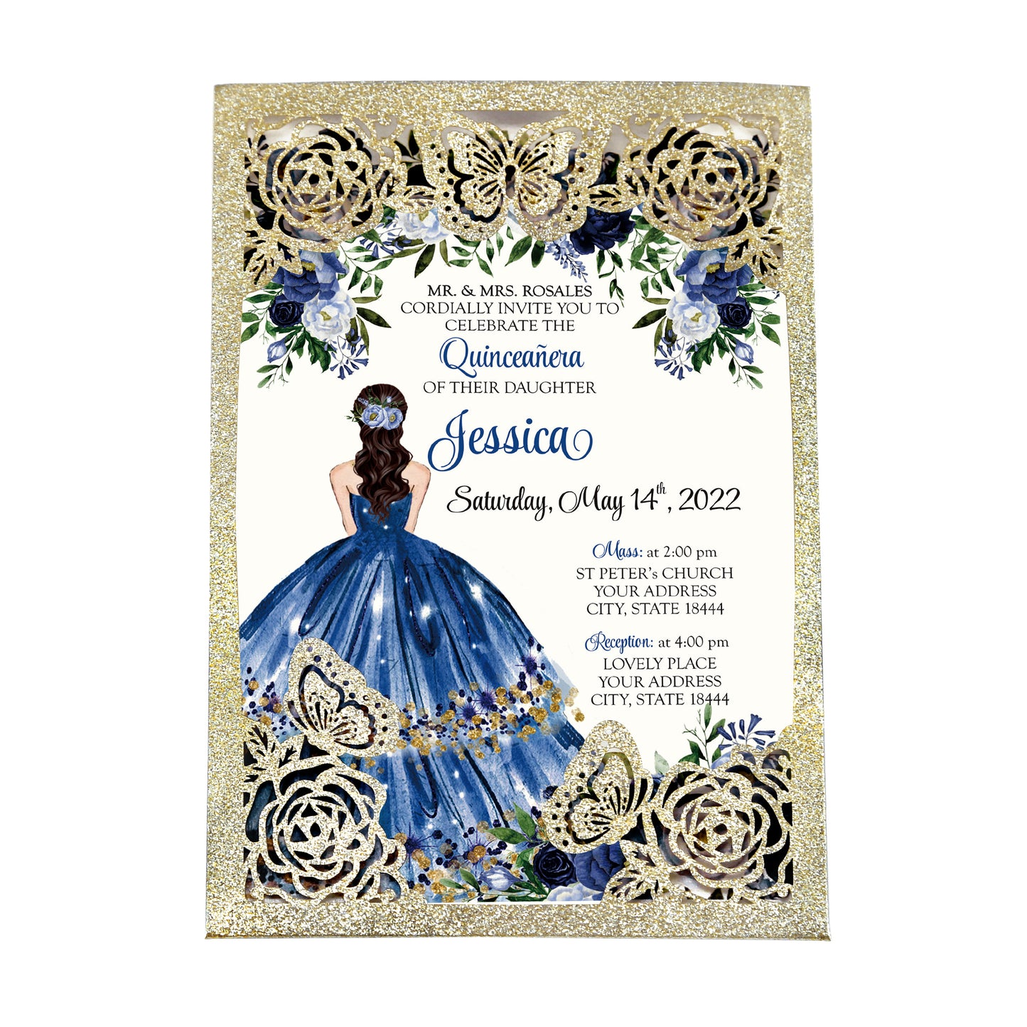 Light Gold Glitter with Hollow Butterflies Invitations Greeting Cards For Quinceanera