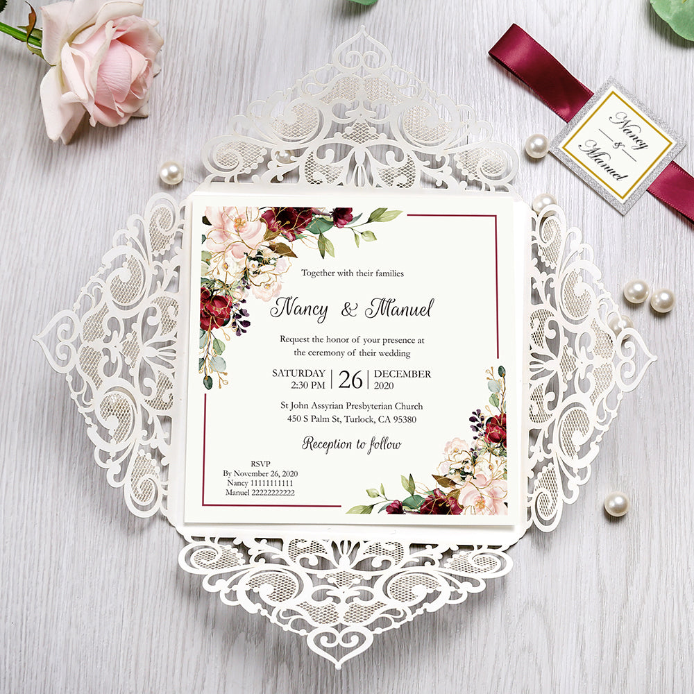 Square Glitter Sliver Wedding Invitations with Burgundy Ribbon Belly Band for Wedding - DorisHome