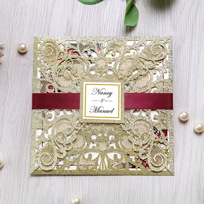 Square Glitter Gold Wedding Invitations with Burgundy Ribbon Belly Band for Wedding - DorisHome