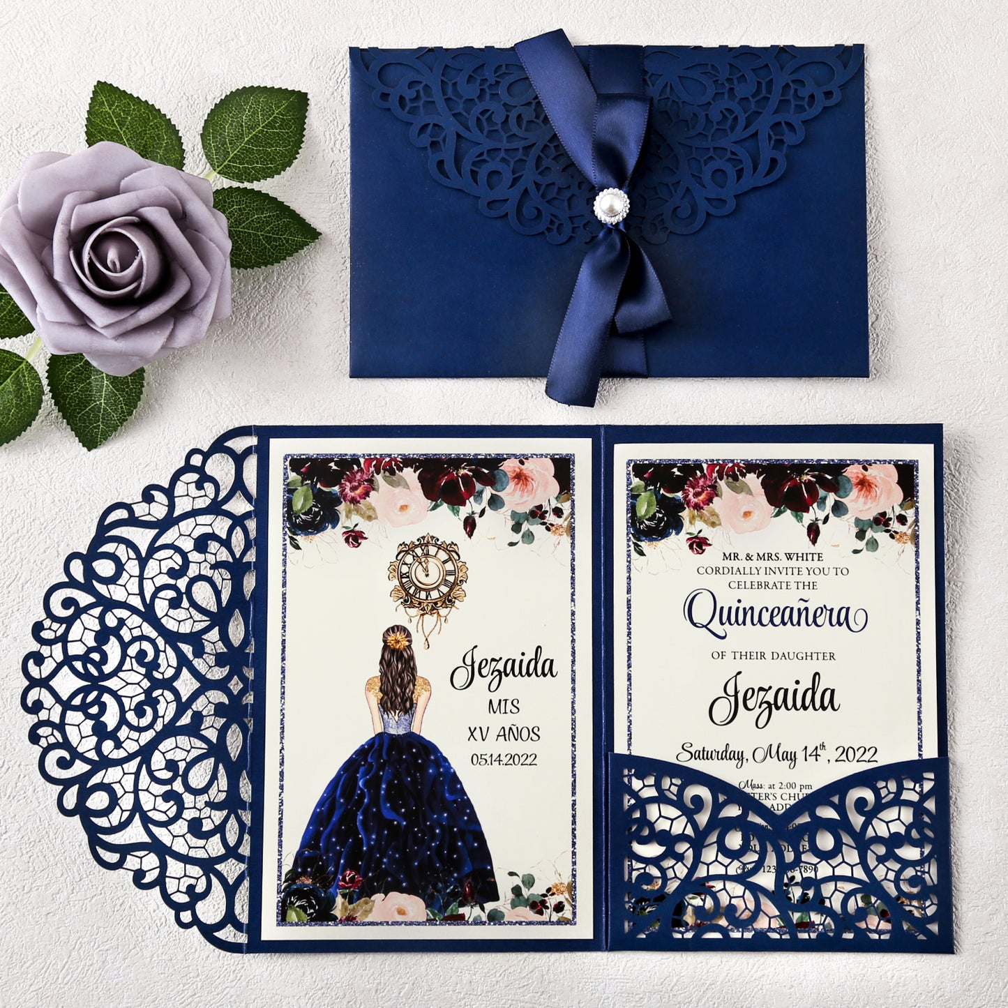4.7 x7 inch Blue Laser Cut Hollow Rose Quinceanera Invitations Cards with Envelopes for Quinceanera Party