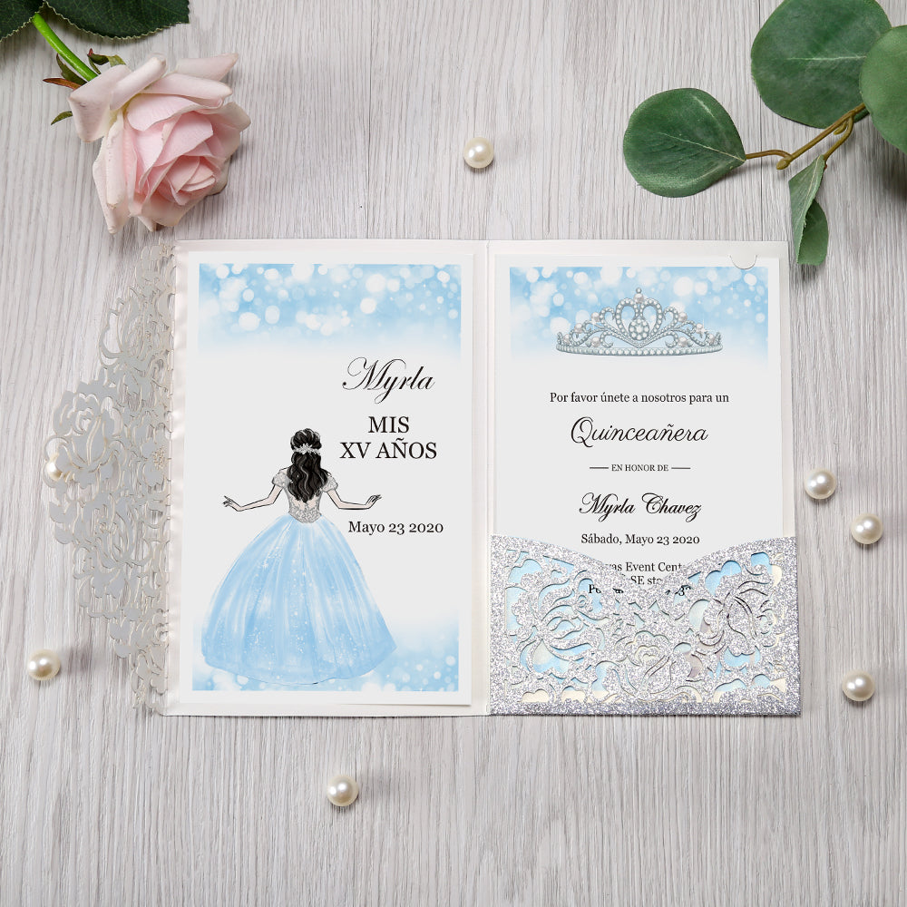 Glitter Silver Floral Laser cut invitation cards for Quinceanera - DorisHome