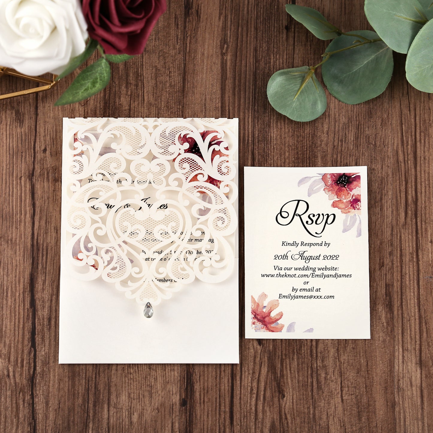 Vertical Ivory White Wedding Invitation With Rhinestone & Laser Cut Flower