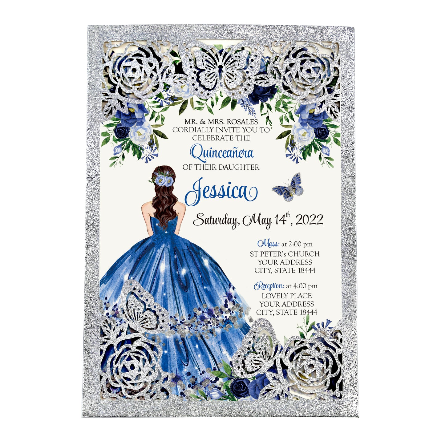 Silver with Hollow Butterflies Invitations Greeting Cards For Quinceanera