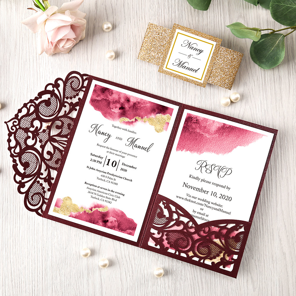 Pearlized Burgundy Floral Laser cut Wedding Invitation with Glitter Gold Bellyband for Wedding, Anniversary, Quinceanera - DorisHome