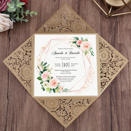Square Gold Lase-cut Lace Flower Pattern Wedding Invitations - DorisHome