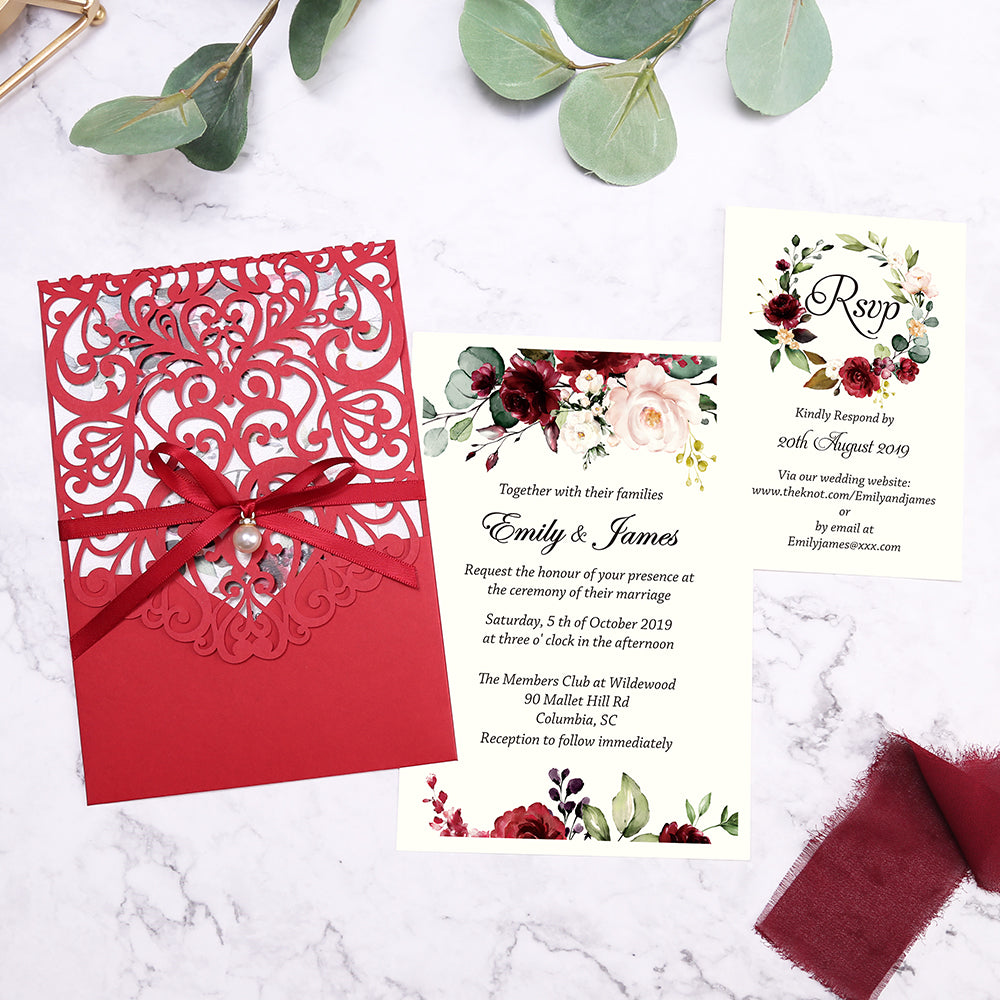 Red Floral Laser cut invitation cards with ribbon belly band and pearl for Wedding