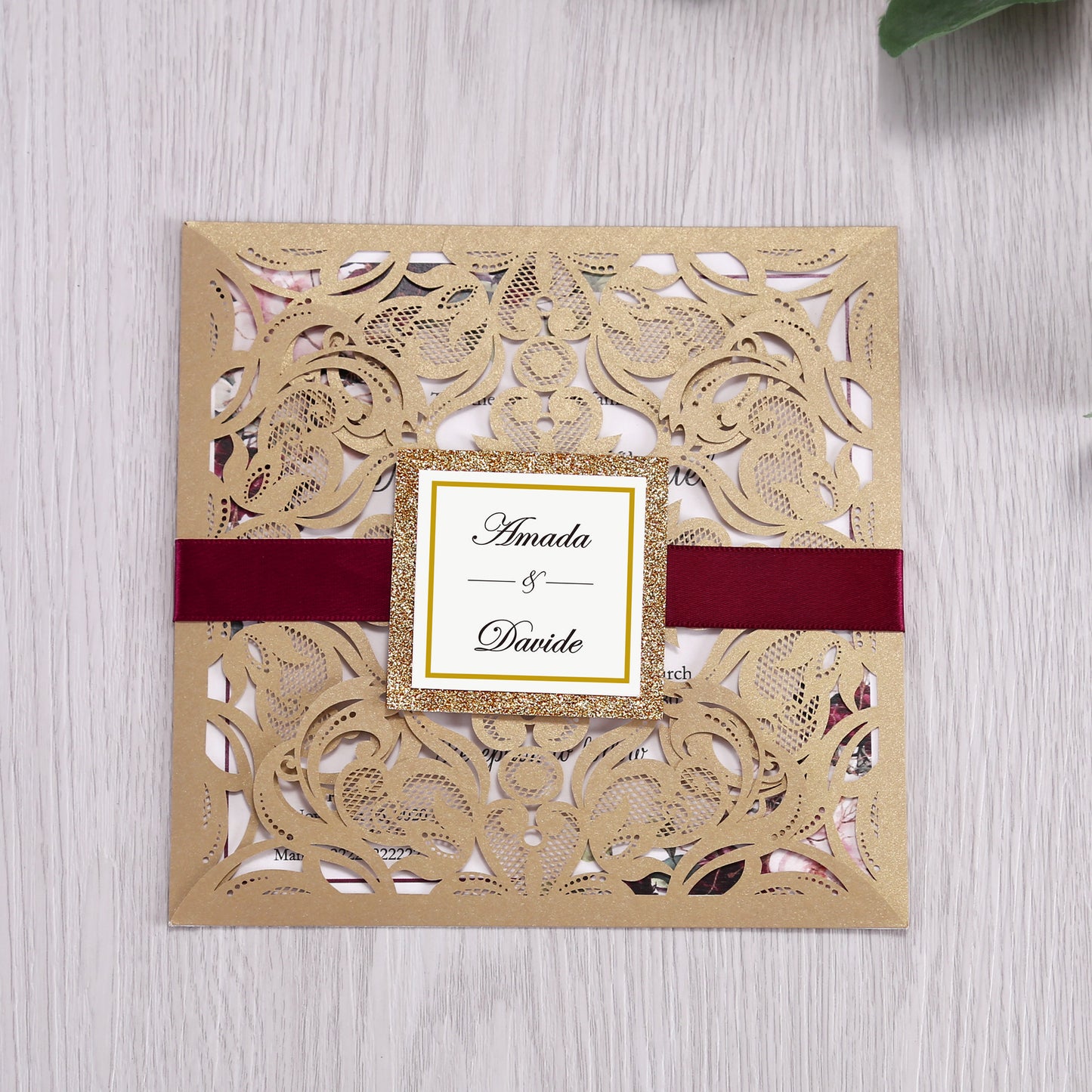 Square Gold Laser Cut Lace Flower Invitations Cards