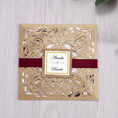 Square Gold Laser Cut Lace Flower Invitations Cards - DorisHome