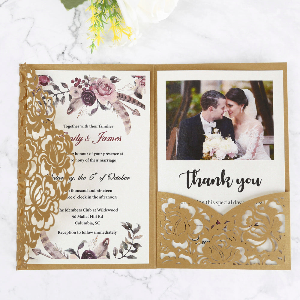 Gold Floral Laser cut invitation cards for Wedding, Anniversary - DorisHome