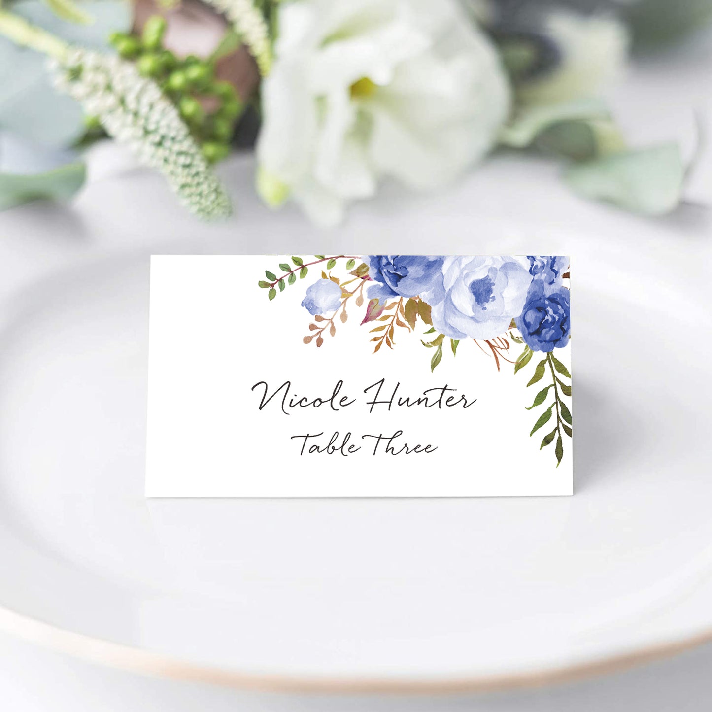 Floral Place Cards for Wedding or Party, Seating Place Cards for Tables, Scored for Easy Folding, Blue Flower Design, 2 x 3.5 Inches