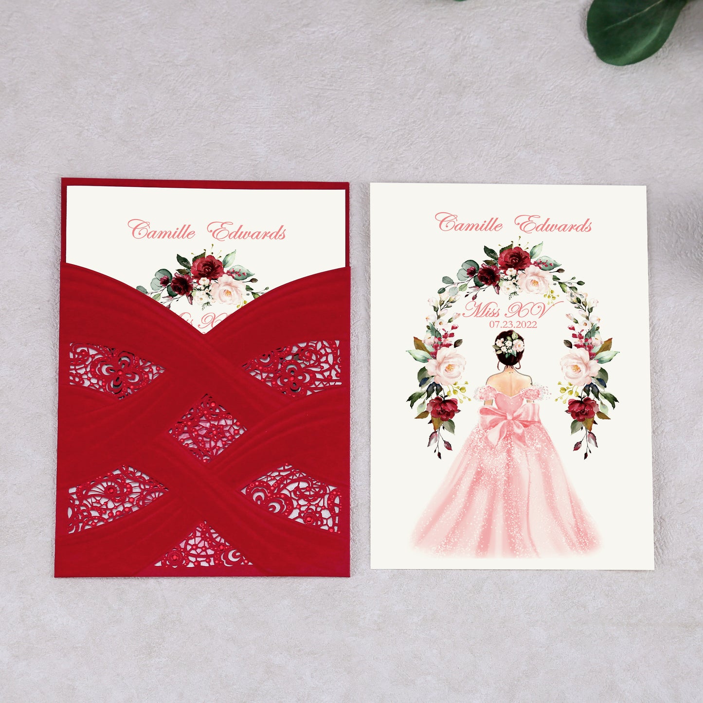Red Vertical Laser Cut Invitation Cards for Quinceanera / Sweet 16