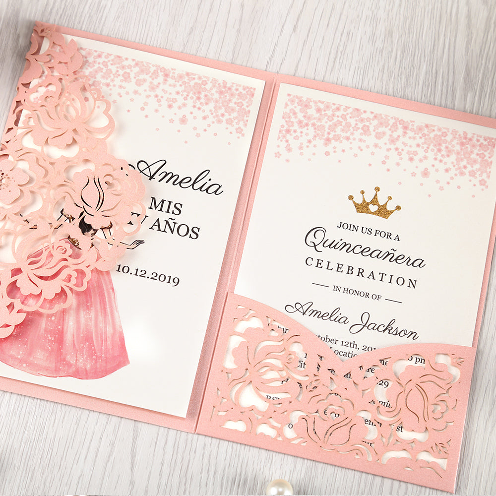 Pink Floral Laser cut invitation cards for Quinceanera - DorisHome