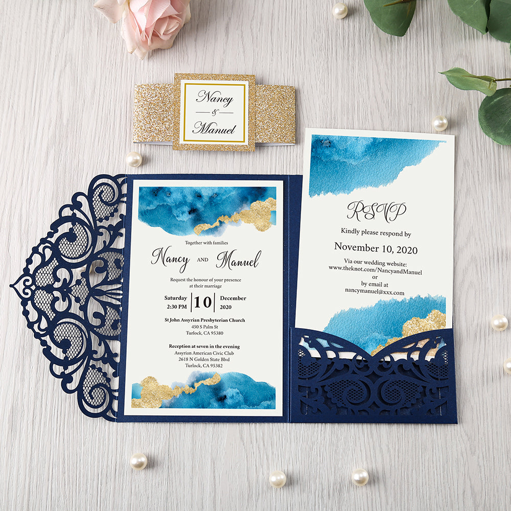 Pearlized Blue Floral Laser cut Wedding Invitation with Glitter Gold Bellyband for Wedding, Anniversary, Quinceanera - DorisHome